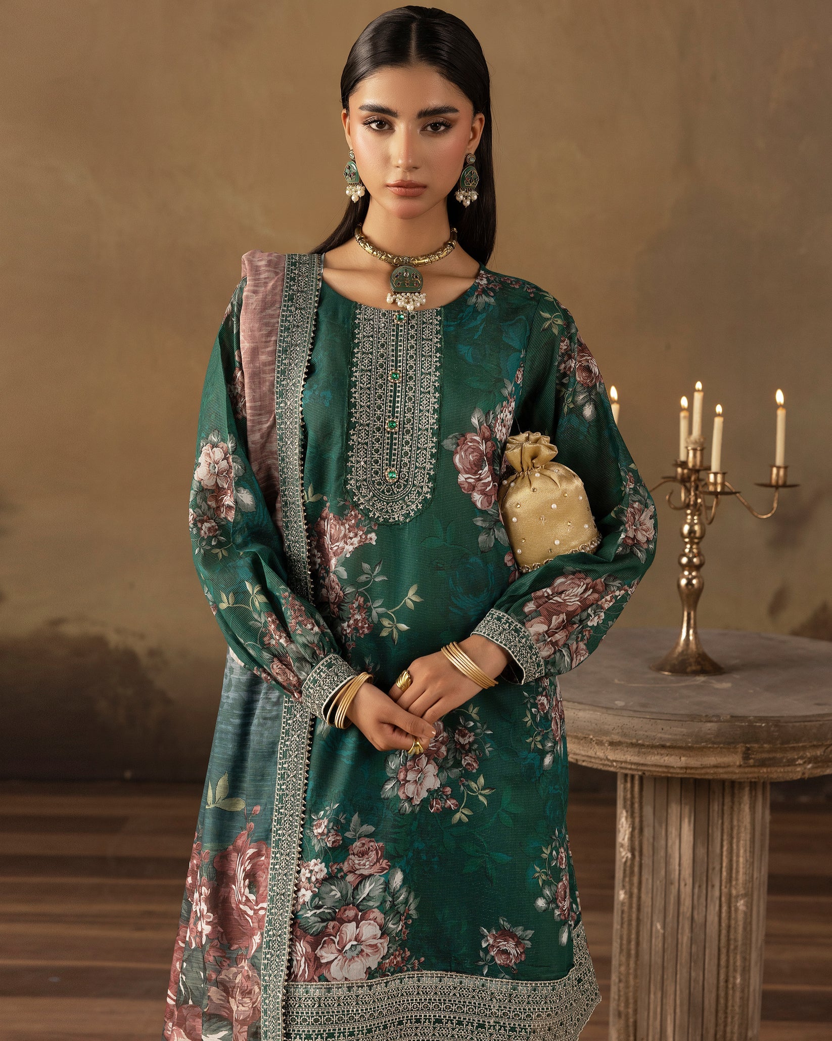 Digital Printed Fancy Chamki Lawn Shirt with Digital Printed Readymade Fancy Embroidered Four Side Patti Dupatta and Dyed Lawn Trouser D0001