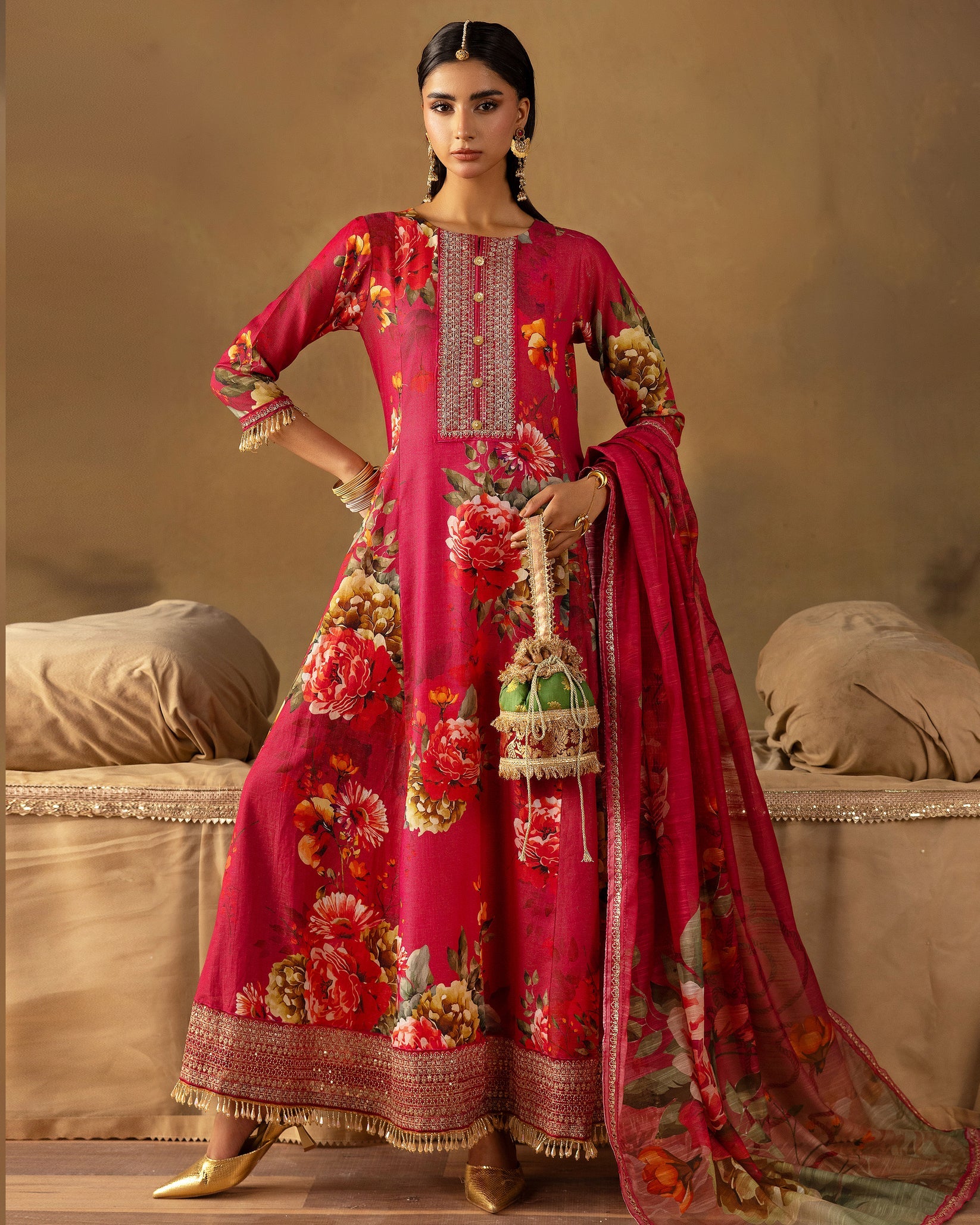 Digital Printed Fancy Chamki Lawn Shirt with Digital Printed Readymade Fancy Embroidered Four Side Patti Dupatta and Dyed Lawn Trouser D-0002