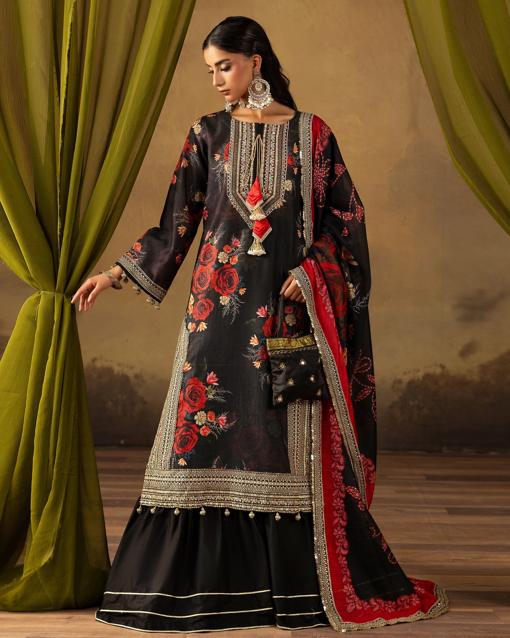 Digital Printed Fancy Chamki Lawn Shirt with Digital Printed Readymade Fancy Embroidered Four Side Patti Dupatta and Dyed Lawn Trouser D-0003