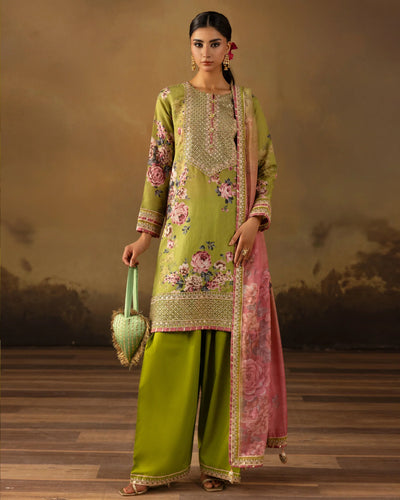 Digital Printed Fancy Chamki Lawn Shirt with Digital Printed Readymade Fancy Embroidered Four Side Patti Dupatta and Dyed Lawn Trouser D-004