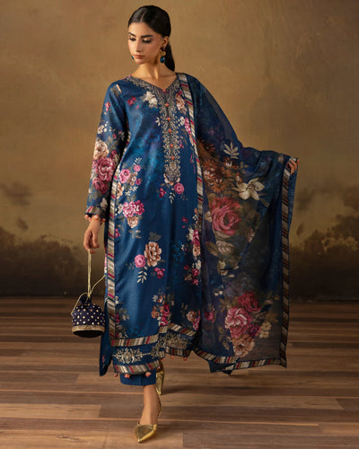 Digital Printed Fancy Chamki Lawn Shirt with Digital Printed Readymade Fancy Embroidered Four Side Patti Dupatta and Dyed Lawn Trouser D-0005