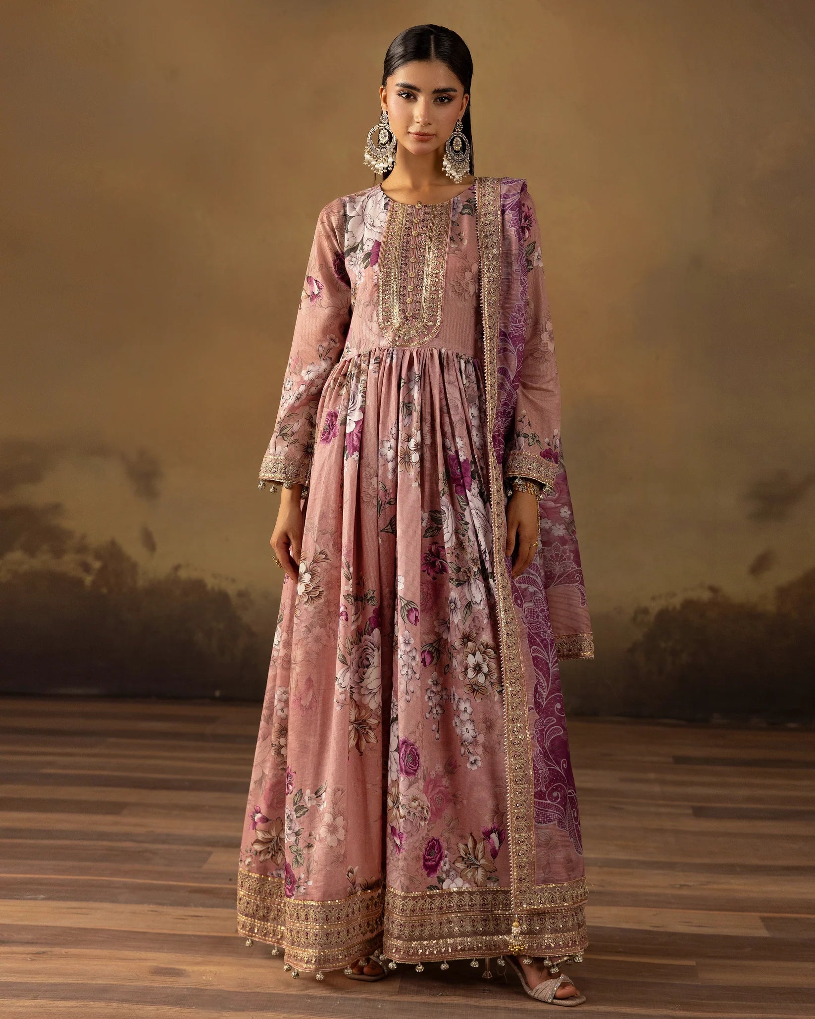 Digital Printed Fancy Chamki Lawn Shirt with Digital Printed Readymade Fancy Embroidered Four Side Patti Dupatta and Dyed Lawn Trouser D-0006