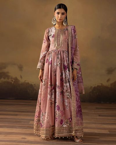 Digital Printed Fancy Chamki Lawn Shirt with Digital Printed Readymade Fancy Embroidered Four Side Patti Dupatta and Dyed Lawn Trouser D-0006
