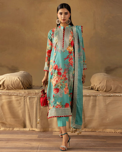 Digital Printed Fancy Chamki Lawn Shirt with Digital Printed Readymade Fancy Embroidered Four Side Patti Dupatta and Dyed Lawn Trouser D-0007