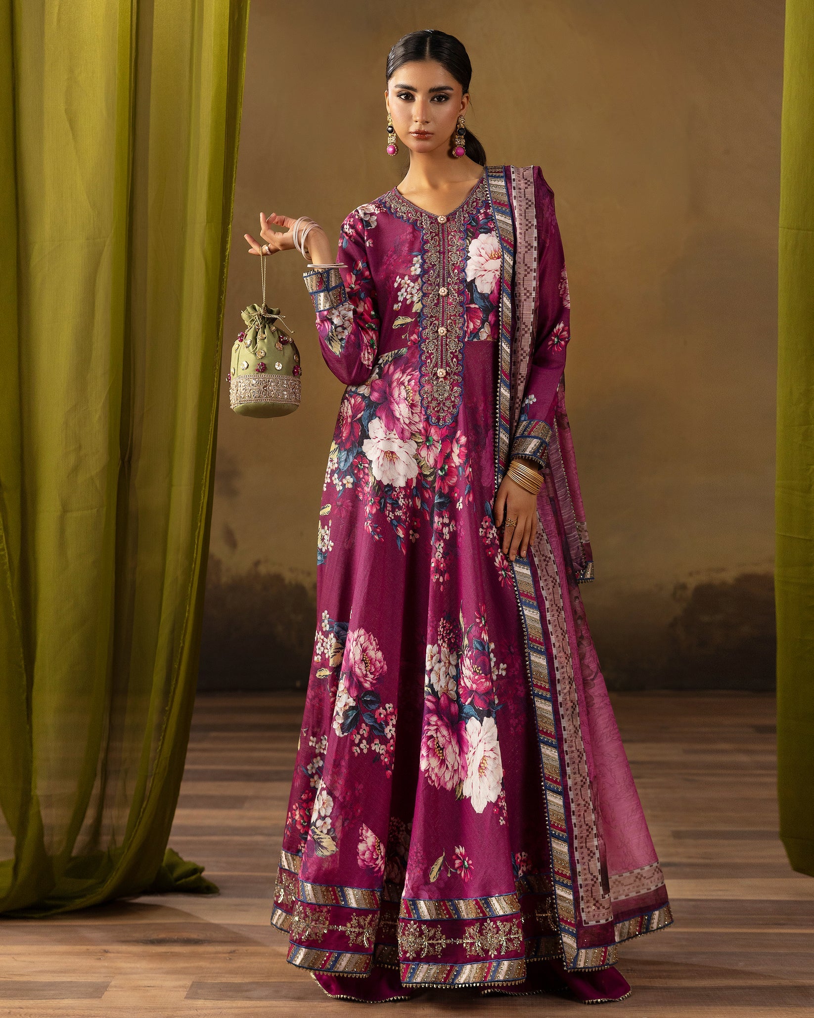Digital Printed Fancy Chamki Lawn Shirt with Digital Printed Readymade Fancy Embroidered Four Side Patti Dupatta and Dyed Lawn Trouser D-0008