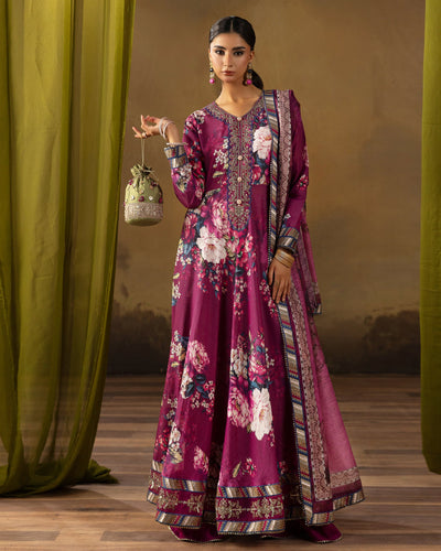 Digital Printed Fancy Chamki Lawn Shirt with Digital Printed Readymade Fancy Embroidered Four Side Patti Dupatta and Dyed Lawn Trouser D-0008