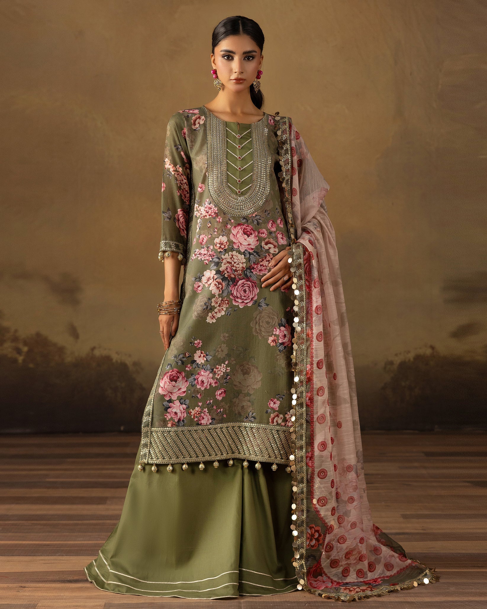 Digital Printed Fancy Chamki Lawn Shirt with Digital Printed Readymade Fancy Embroidered Four Side Patti Dupatta and Dyed Lawn Trouser D-0009