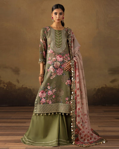 Digital Printed Fancy Chamki Lawn Shirt with Digital Printed Readymade Fancy Embroidered Four Side Patti Dupatta and Dyed Lawn Trouser D-0009