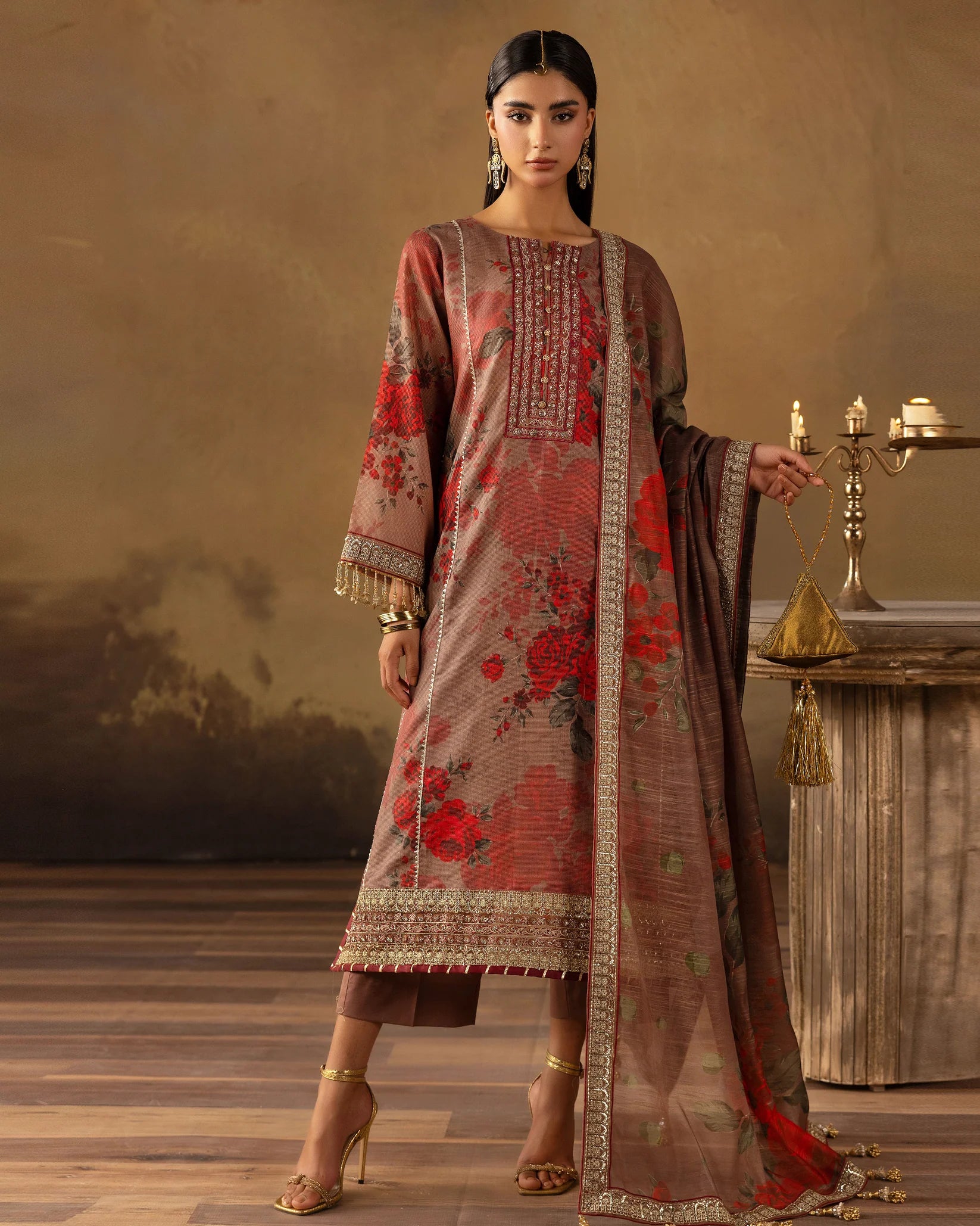 Digital Printed Fancy Chamki Lawn Shirt with Digital Printed Readymade Fancy Embroidered Four Side Patti Dupatta and Dyed Lawn Trouser D-0010
