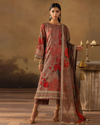 Digital Printed Fancy Chamki Lawn Shirt with Digital Printed Readymade Fancy Embroidered Four Side Patti Dupatta and Dyed Lawn Trouser D-0010
