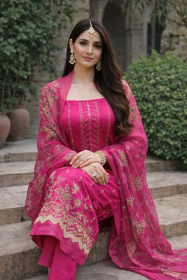 3 piece Embroidered Lawn suit with Chiffon Dupatta