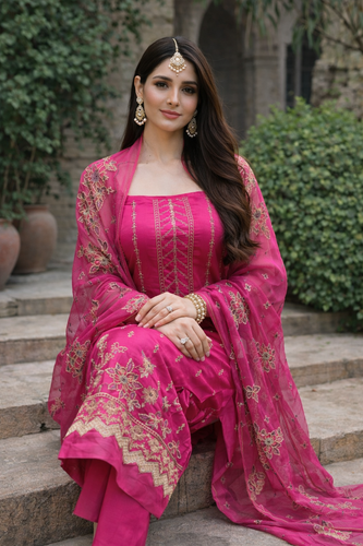 3 piece Embroidered Lawn suit with Chiffon Dupatta